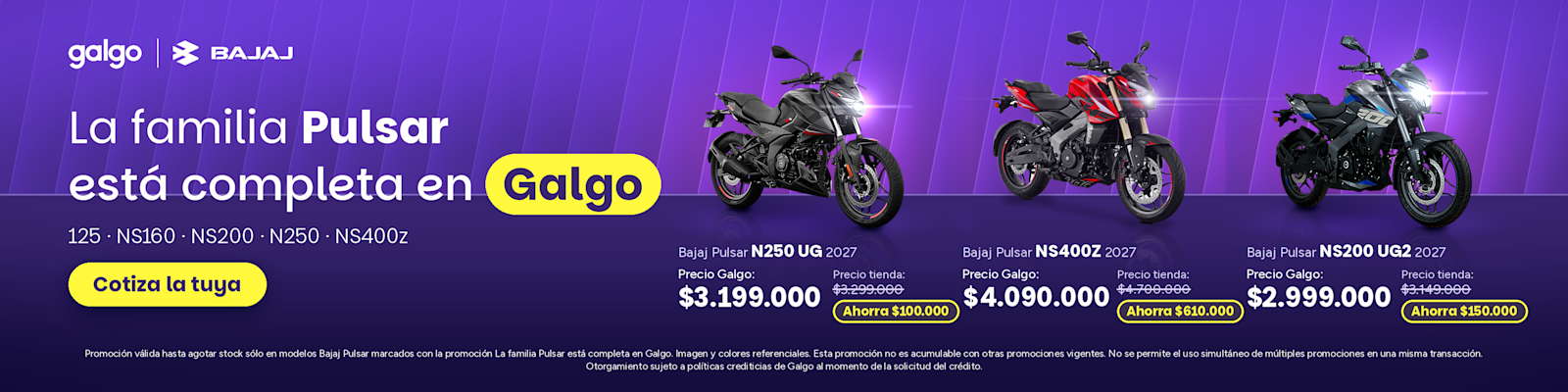 Explora la colección de motos Bajaj en Galgo Chile y lleva tus recorridos a nuevas alturas. Consigue tu moto Bajaj 2027 a crédito con un financiamiento rápido, fácil y 100% online ¡Elige la tuya ahora mismo!