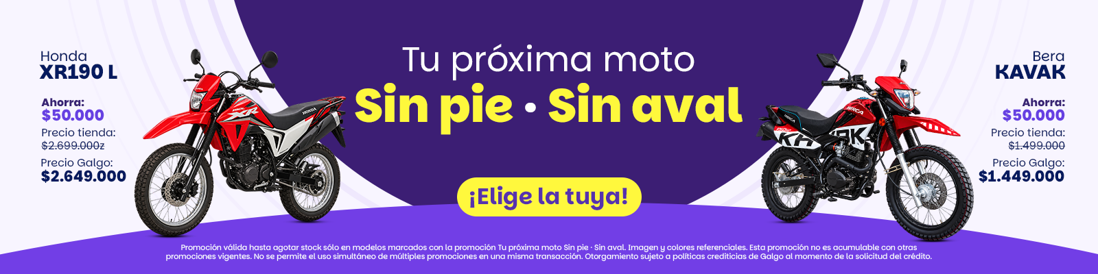 Promoción especial en motos para segmentos de delivery, oficinista y recreación. La mejor oferta en motos sin pie y sin aval, accesibilidad para todos.