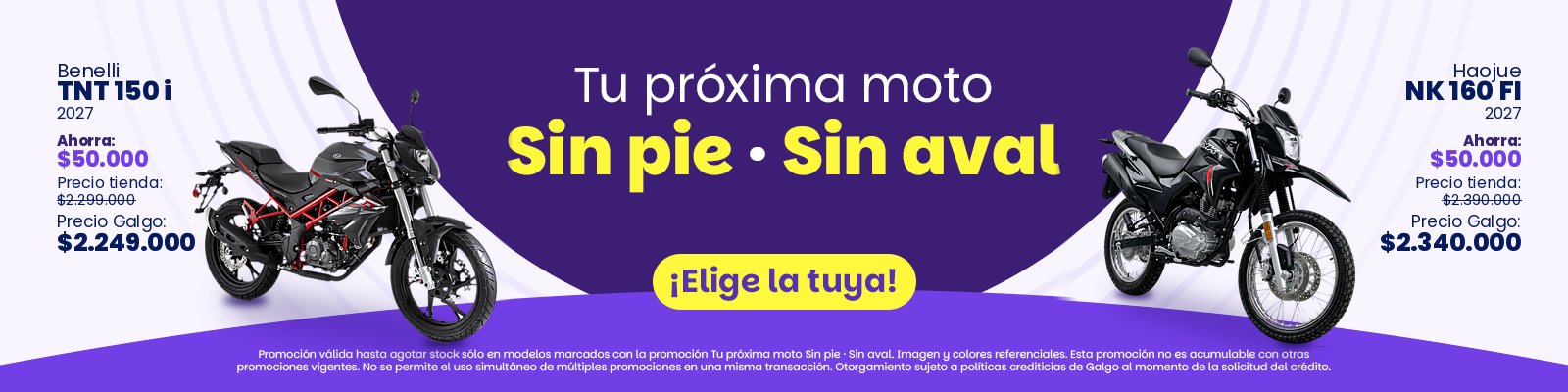 Promoción especial en motos para segmentos de delivery, oficinista y recreación. La mejor oferta en motos sin pie y sin aval, accesibilidad para todos.