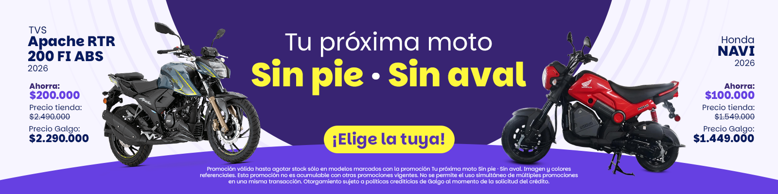 Accede a la promoción en motos con los precios y el pie más bajo del mercado. Enfocada en el segmento de delivery y de movilización. Baratas y accesibles