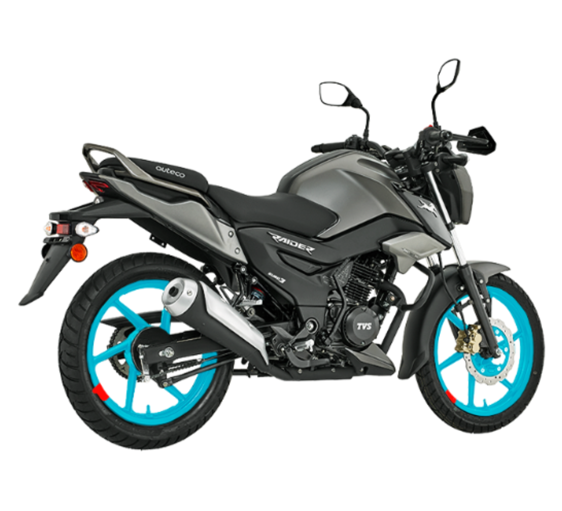 Motocicleta TVS Raider 125 Blue Racing Edition en plano lateral galgo Colombia