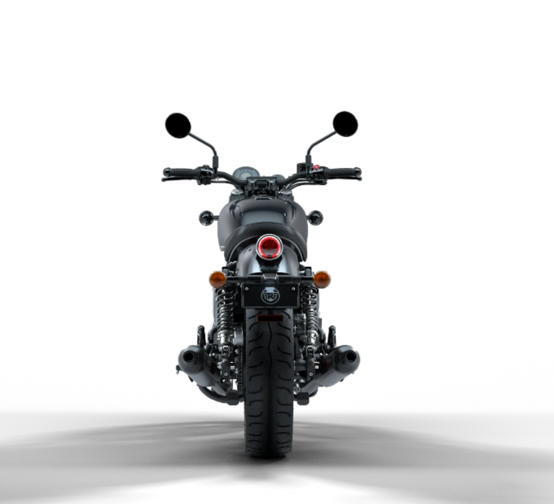 Motocicleta Royal Enfield Shotgun 650 en plano trasero galgo Colombia