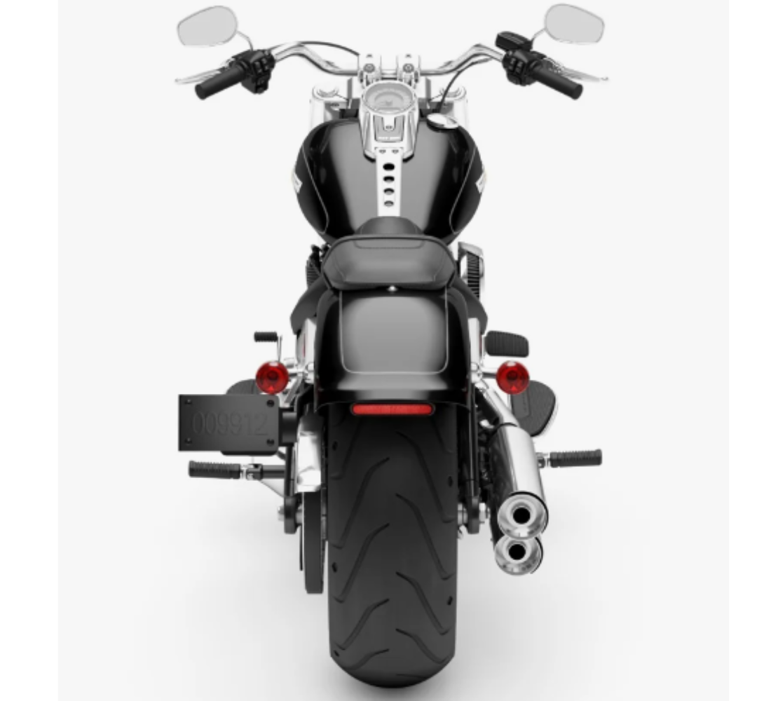 Motocicleta Harley Davidson Fat Boy 114 en plano trasero galgo México