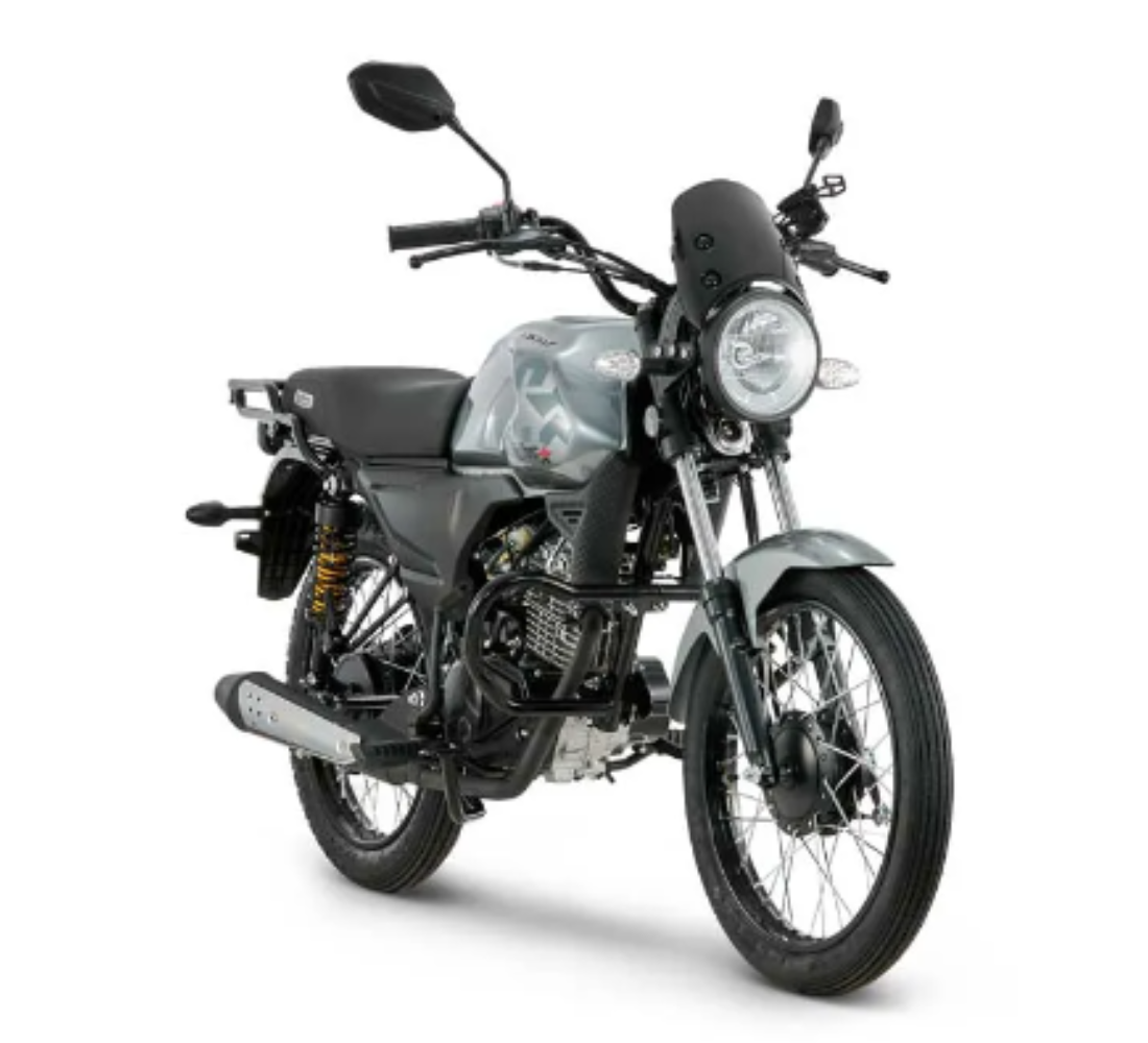 Motocicleta Victory Combat 100 en primer plano galgo Colombia