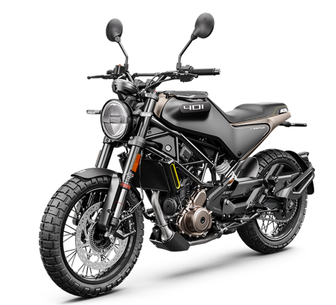 Motocicleta Husqvarna Svartpilen 401 en plano diagonal galgo México