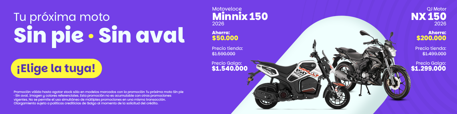 Accede a la promoción en motos con los precios y el pie más bajo del mercado. Enfocada en el segmento de delivery y de movilización. Baratas y accesibles
