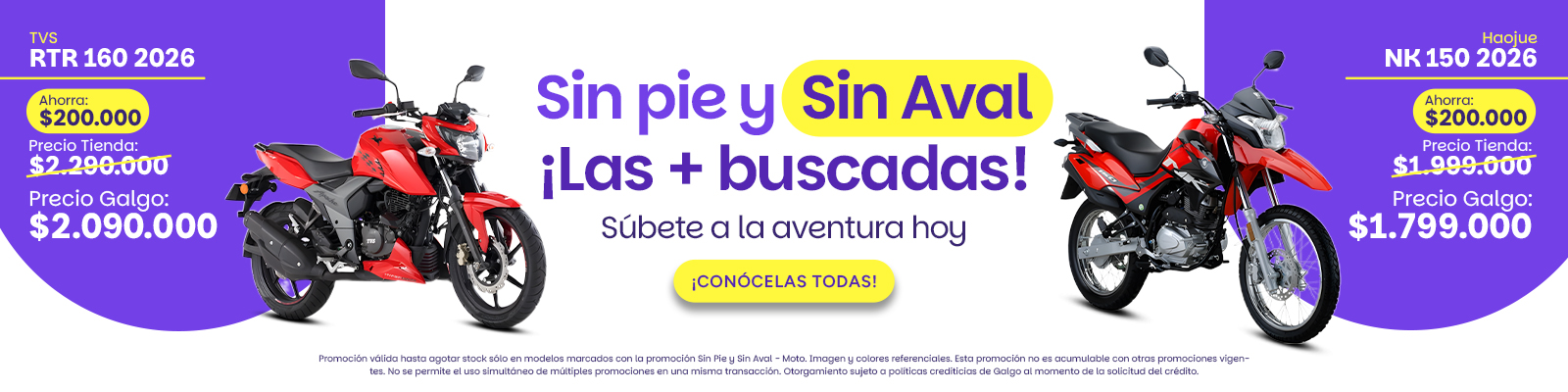 Promoción especial en motos para segmentos de delivery, oficinista y recreación. La mejor oferta en motos sin pie y sin aval, accesibilidad para todos.