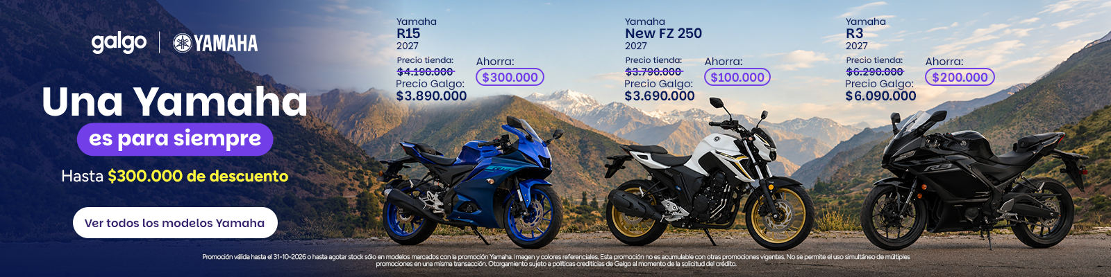 Motos Yamaha en Galgo. Encuentra todo el catálogo Yamaha en un solo lugar: la R15, la R3 y la FZS 4.0, junto a íconos como la R1, la MT-07 y el scooter XMAX 300. Aprovecha hasta $300.000 de descuento y financia tu moto Yamaha en cuotas con Galgo Chile.