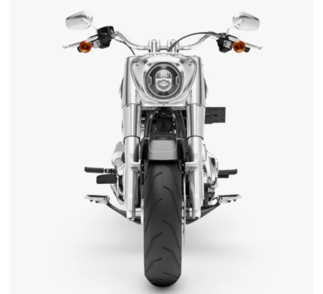 Motocicleta Harley Davidson Fat Boy 114 en plano frontal galgo México