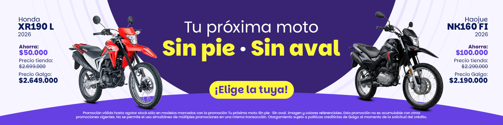 Accede a la promoción en motos con los precios y el pie más bajo del mercado. Enfocada en el segmento de delivery y de movilización. Baratas y accesibles