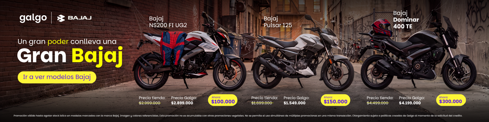 Explora nuestra gama de motocicletas Bajaj en Chile con potencia y estilo. Descubre la adrenalina en cada curva con modelos como Pulsar y Dominar. Bajaj 2026 en Galgo Chile. Diseño innovador, rendimiento excepcional y calidad confiable.