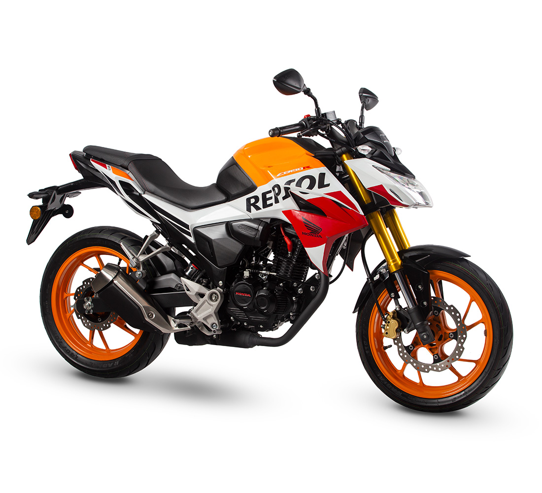 Motocicleta Honda CB 190 Repsol en primer plano galgo Perú