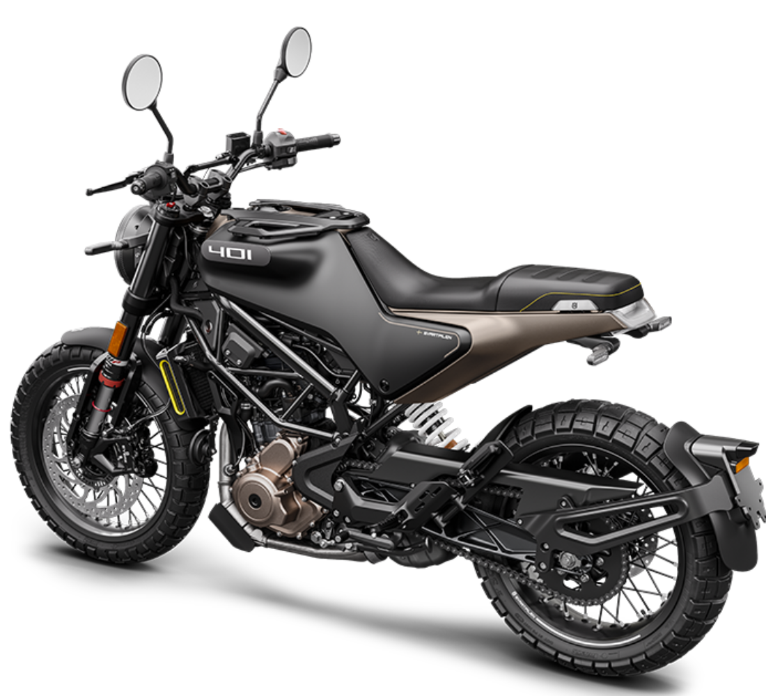 Motocicleta Husqvarna Svartpilen 401 en plano diagonal galgo México