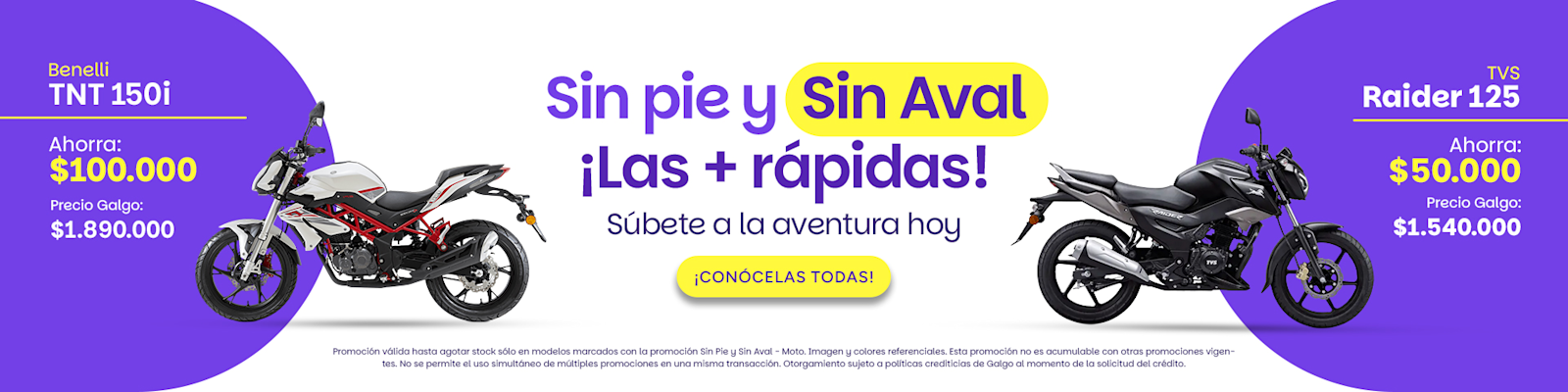 Promoción especial en motos para segmentos de delivery, oficinista y recreación. La mejor oferta en motos sin pie y sin aval, accesibilidad para todos.