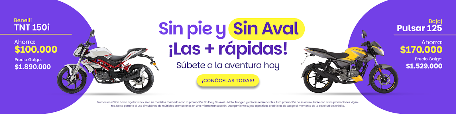Promoción especial en motos para segmentos de delivery, oficinista y recreación. La mejor oferta en motos sin pie y sin aval, accesibilidad para todos.
