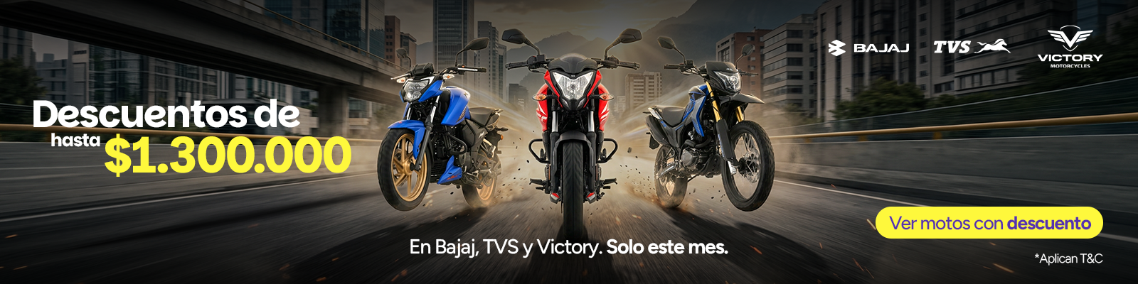 Descuentos en motos de Bajaj, TVS y Victory