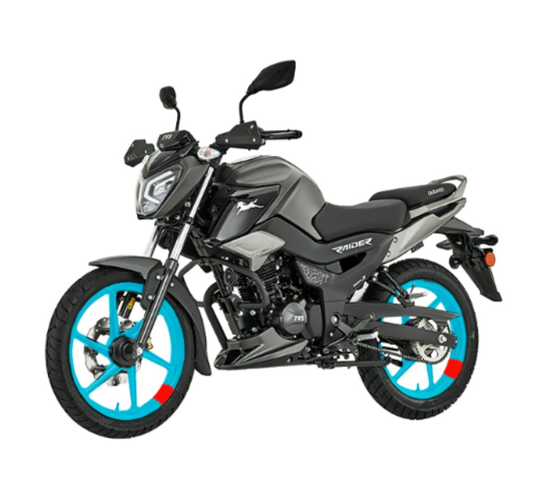 Motocicleta TVS Raider 125 Blue Racing Edition en plano diagonal galgo Colombia