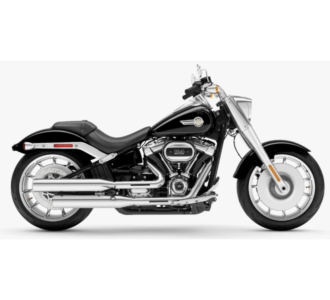Motocicleta Harley Davidson Fat Boy 114 en plano lateral galgo México