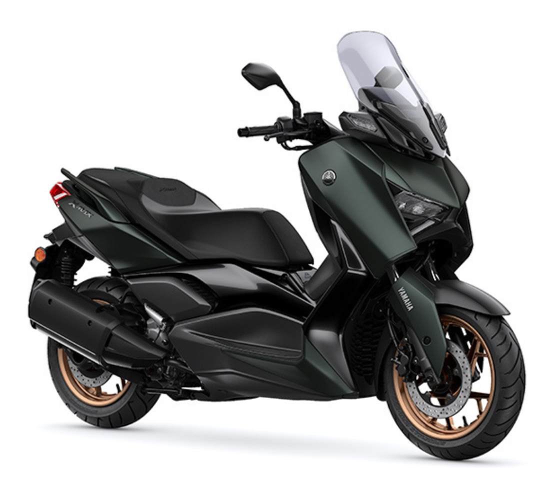 Motocicleta Yamaha XMAX 300 verde en primer plano galgo Chile