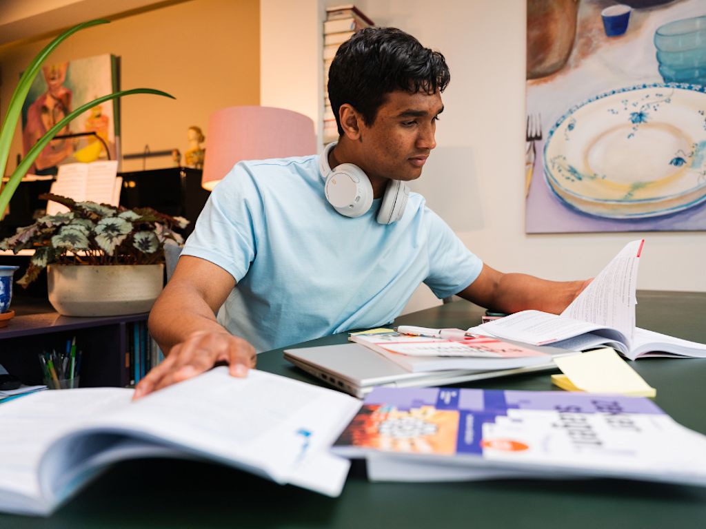 leerling leert uit de boeken