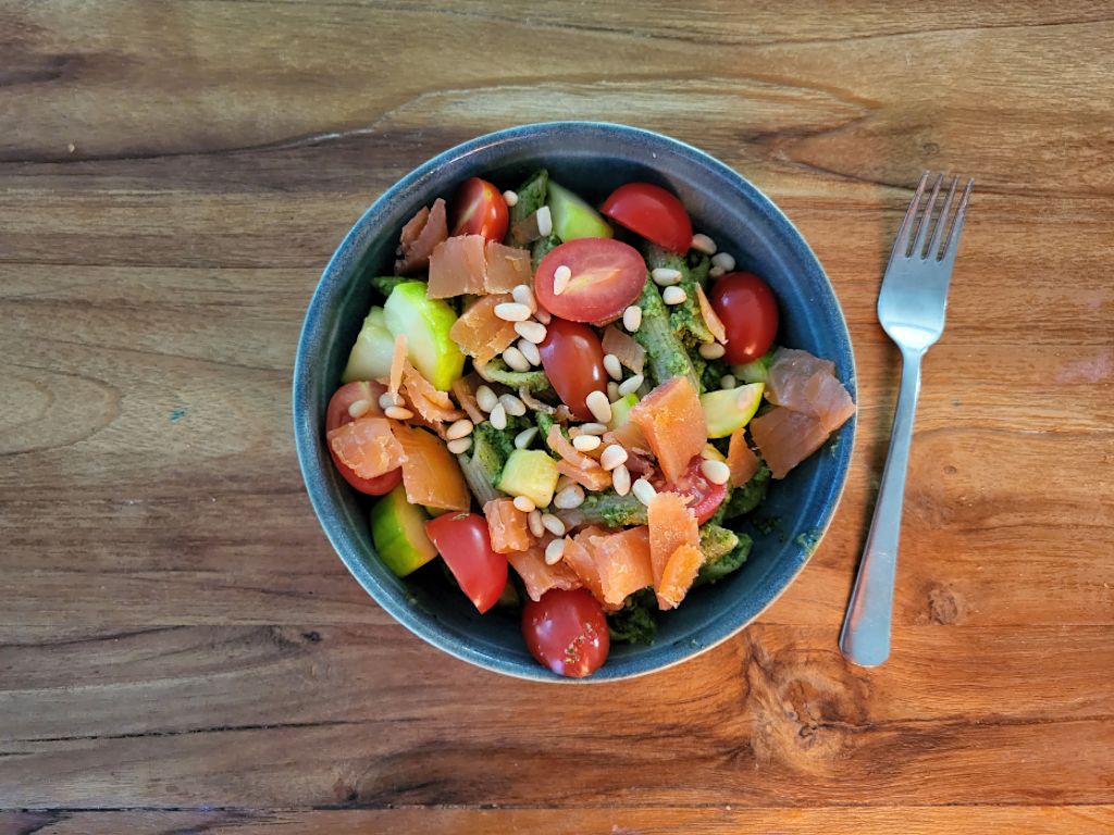 Vet goede penne pesto met zalm