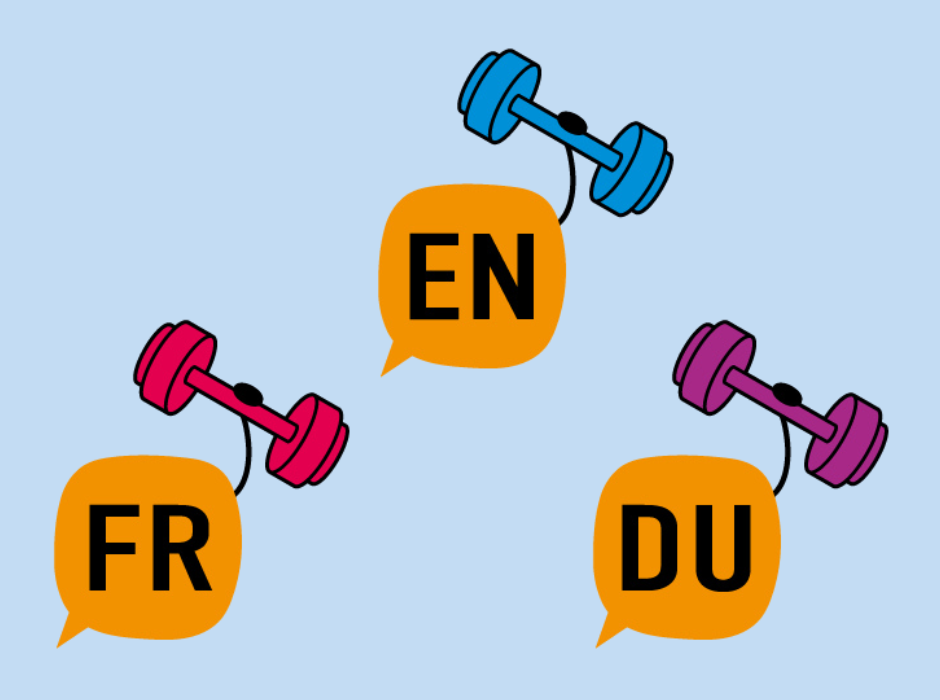 Drie logo's van woordjetrainer Examenidioom Frans, Engels, Duits