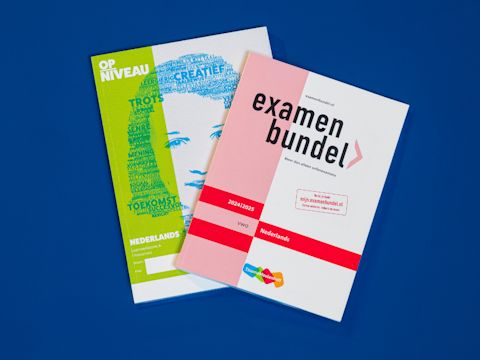 Twee boeken op een blauwe achtergrond, een boek Nederlands van de methode Op niveau en een Examenbundel Nederlands vwo