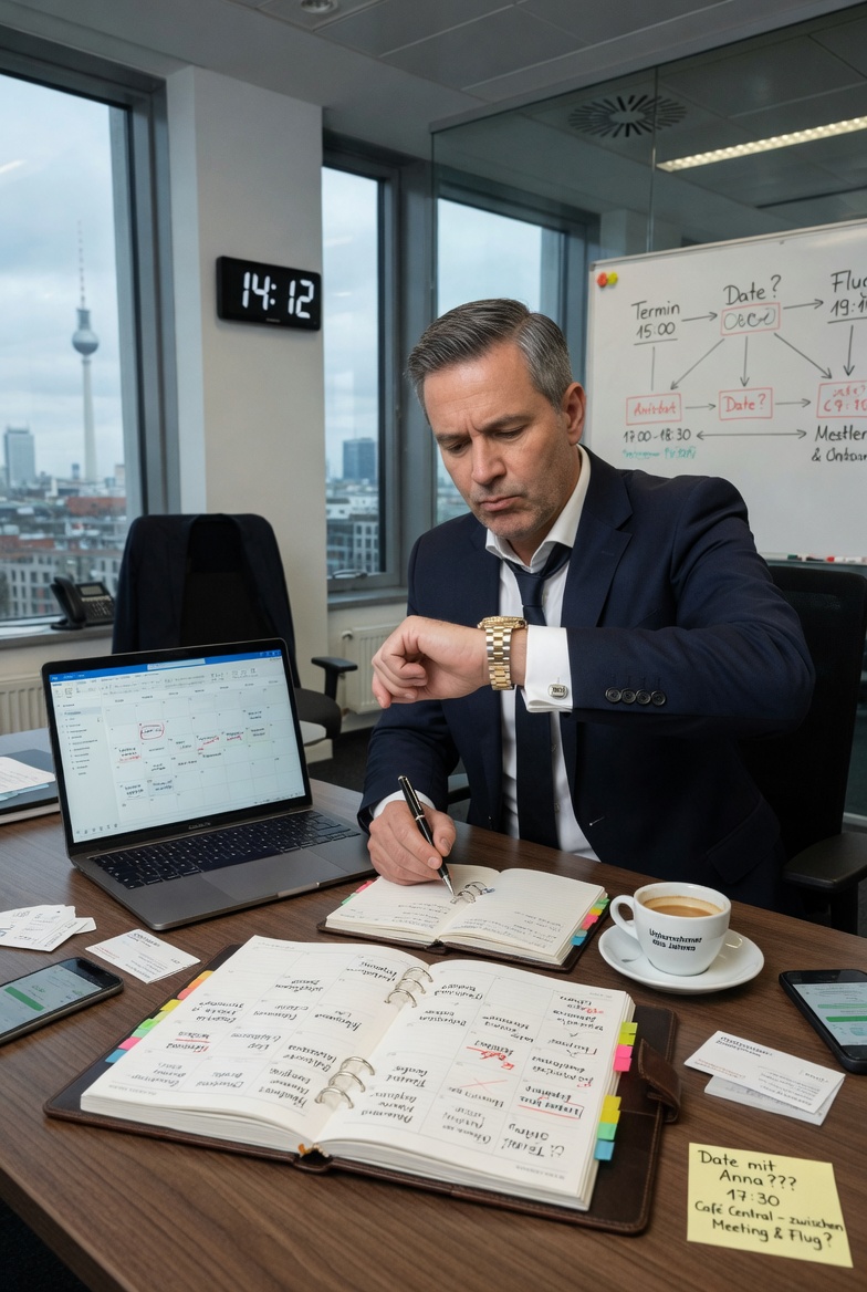 unternehmer schaut auf die uhr, er plant ein date zwischen seine terminen