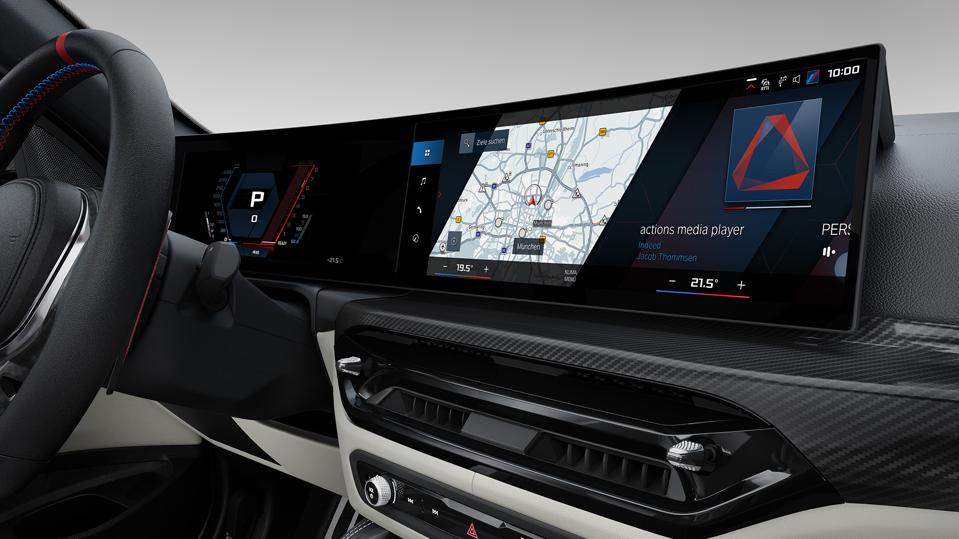 Interior view of a modern car dashboard featuring a digital display with navigation map, media player, and vehicle information.