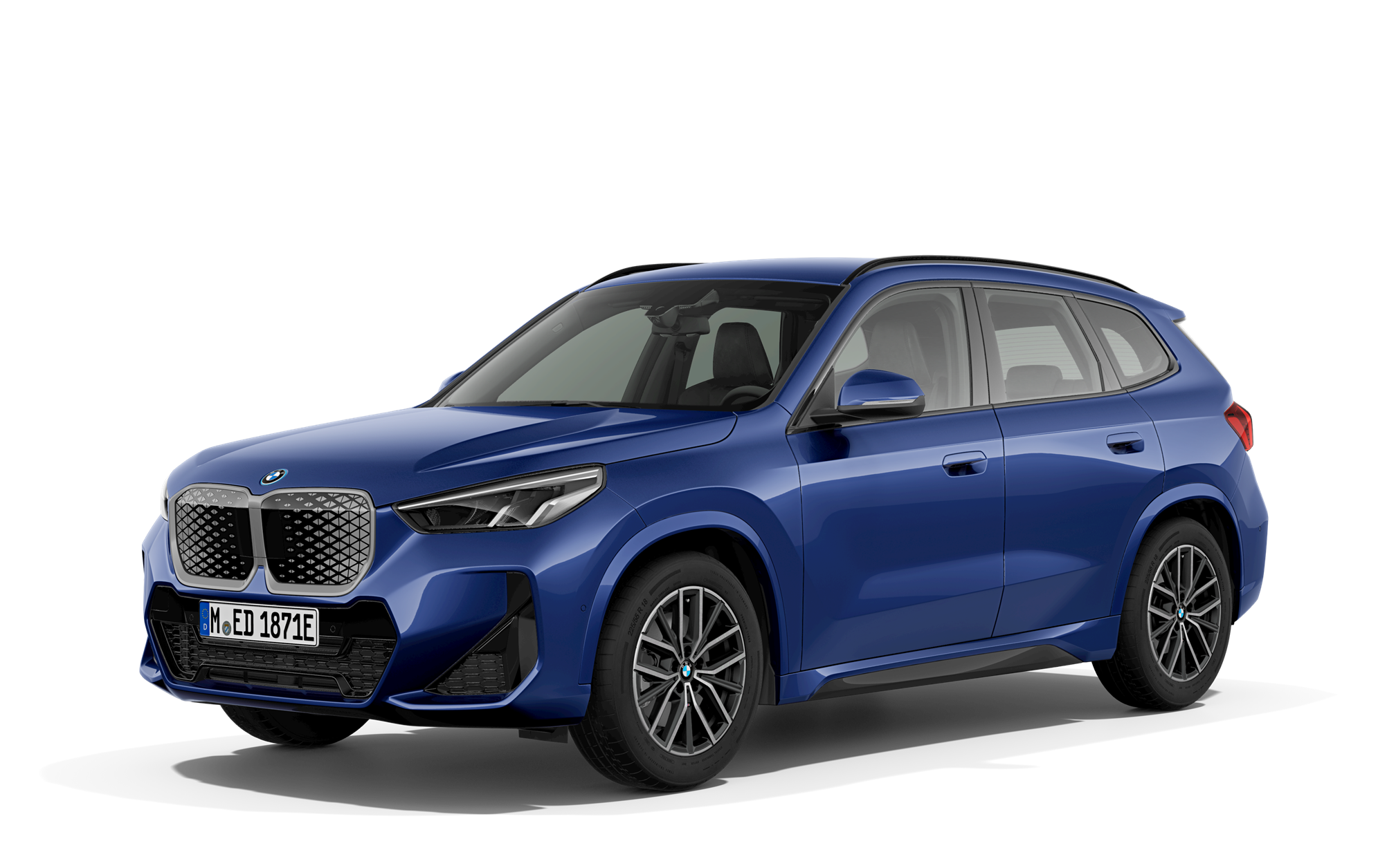 Blue BMW iX1, viewed from the front-left angle.