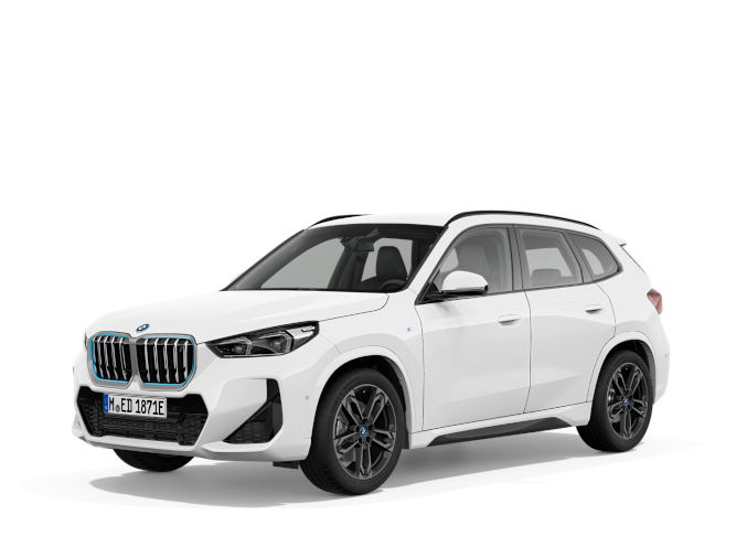 White BMW iX1, viewed from the front-left angle.