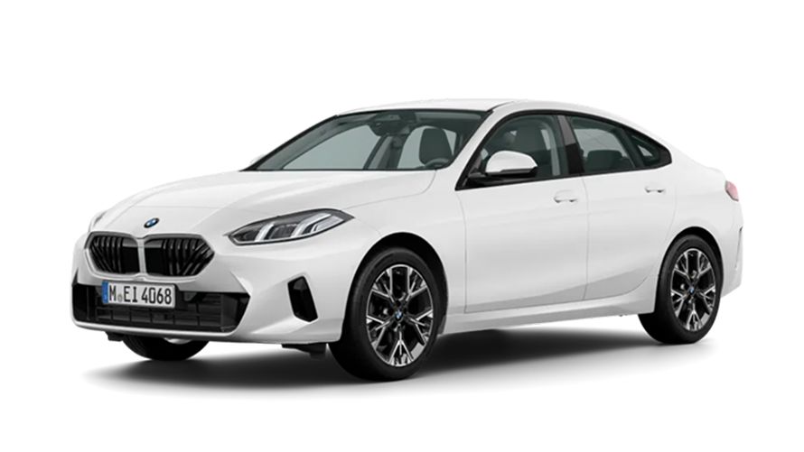 White BMW 2 Series Gran Coupe car viewed from the front-left angle.
