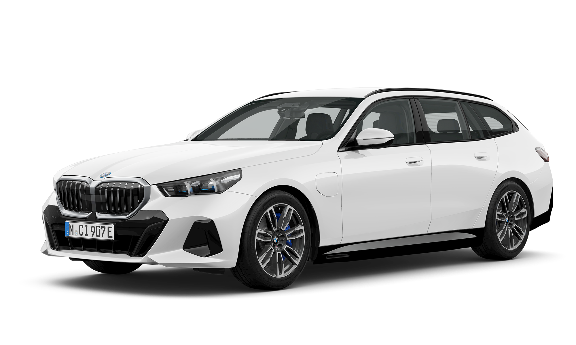 White BMW 5 Series Touring Plug-in hybrid, viewed from the front-left angle.