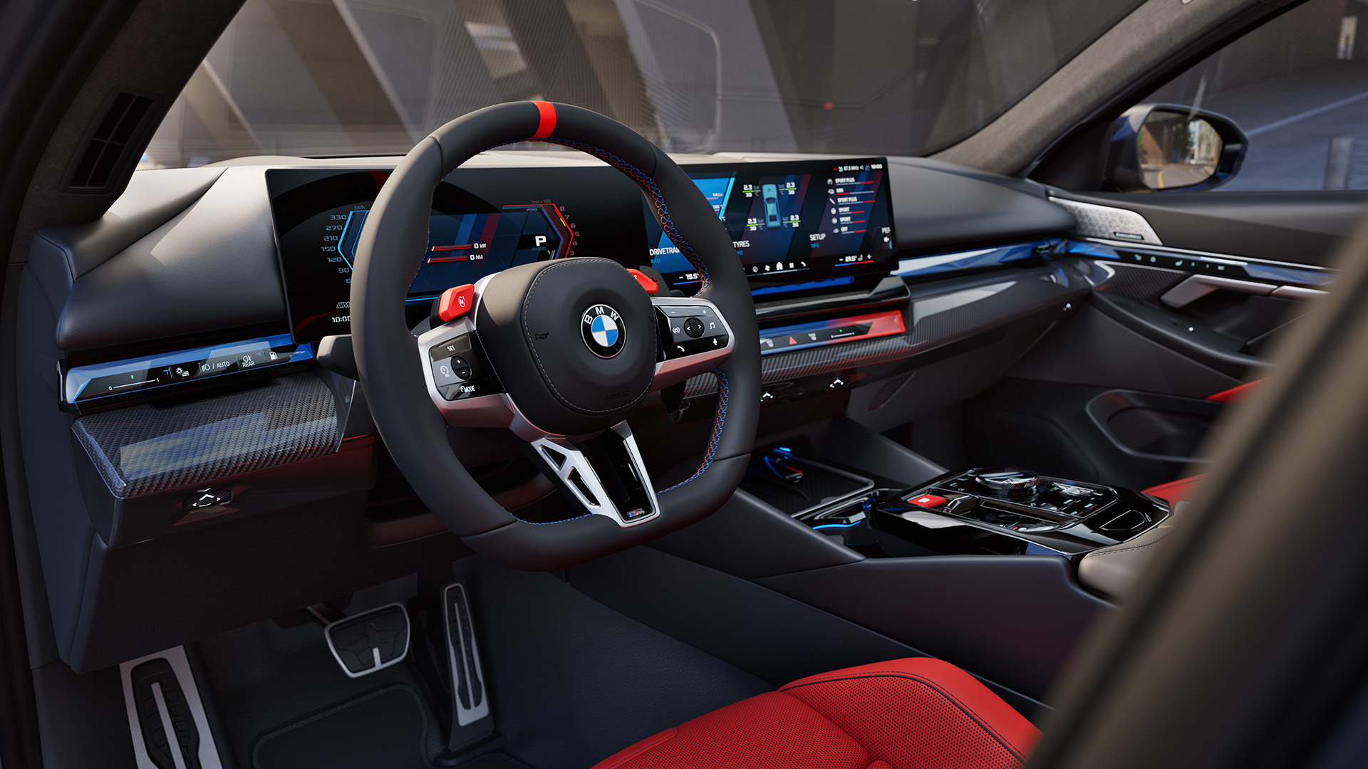 Interior of a modern BMW car featuring a sleek dashboard with digital displays, a sporty steering wheel with the BMW logo, and red leather seats.