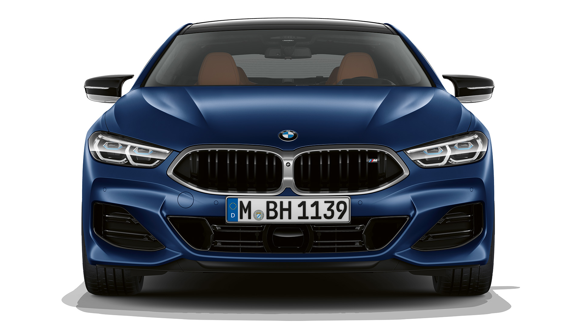 Front view of a blue BMW  8 series coupé.