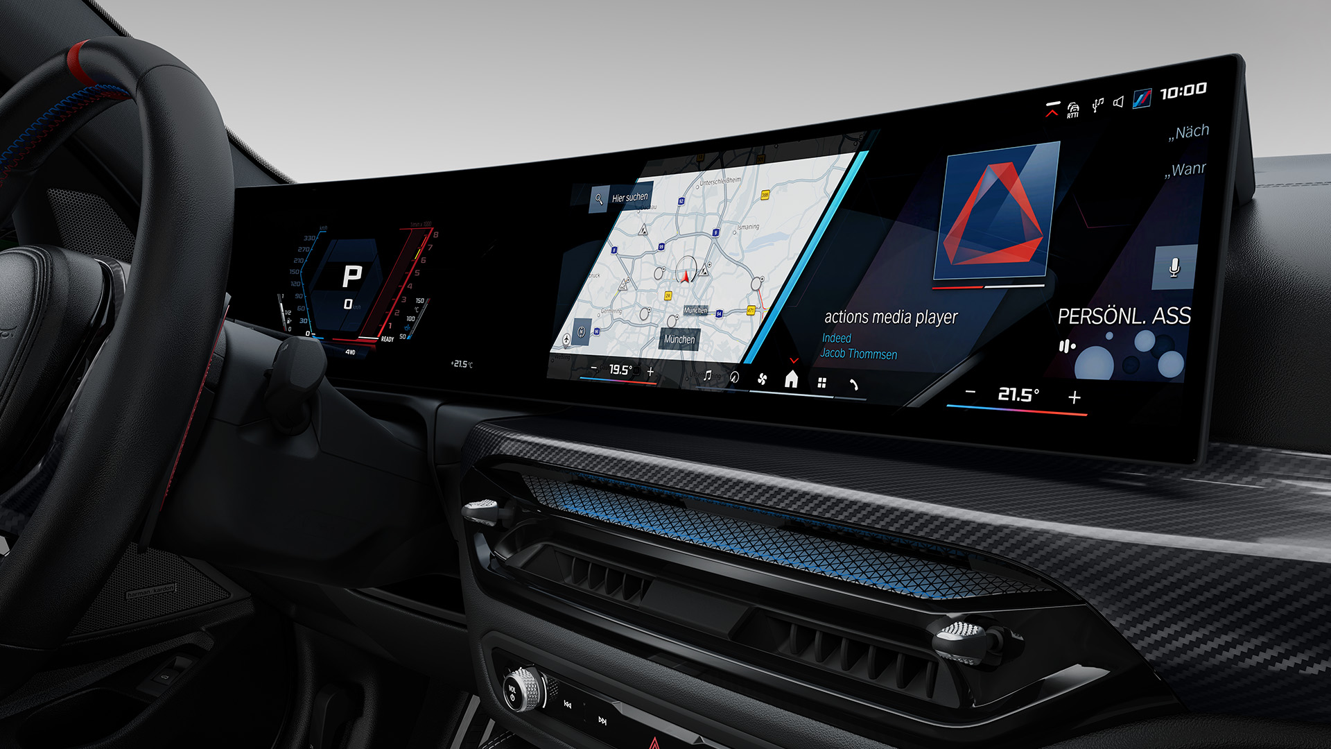 Interior of a modern car showing a digital dashboard with navigation map, media player, and various controls.