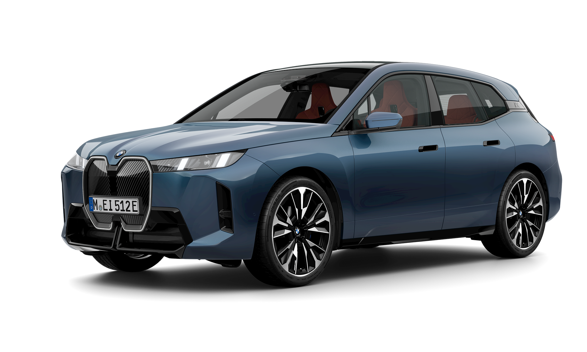 Blue BMW iX electric SUV with a prominent kidney grille, sharp LED headlights and large alloy wheels. Viewed from the front-left angle.