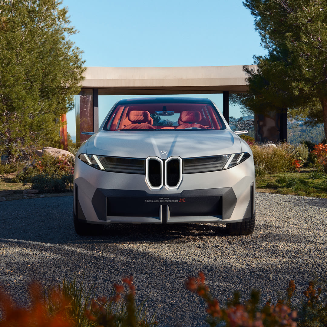 Silver BMW car front view with signature grille, parked on gravel driveway near trees and greenery
