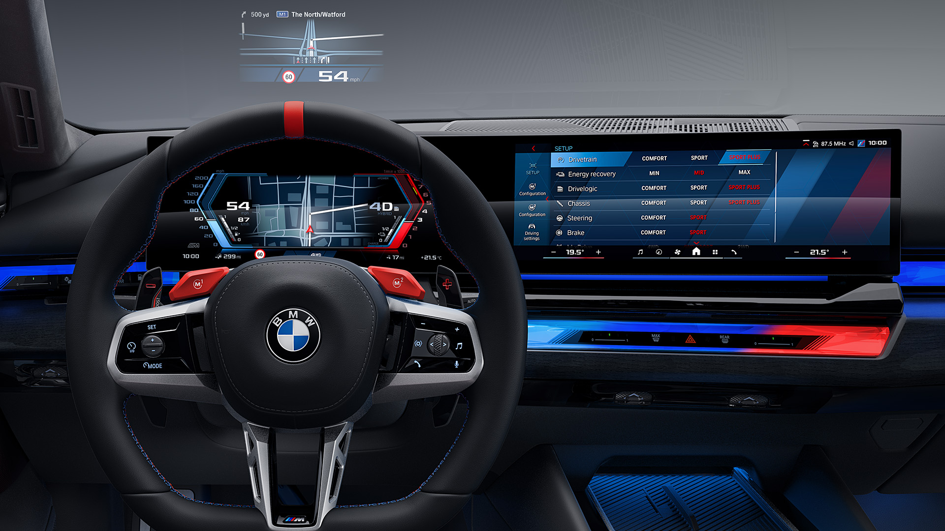 Interior view of a BMW car showing the steering wheel, digital dashboard, and infotainment screen with navigation and media controls.