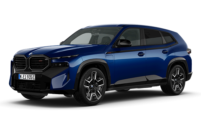 Blue BMW XM Plug-in hybrid, shown from a front-left angle.