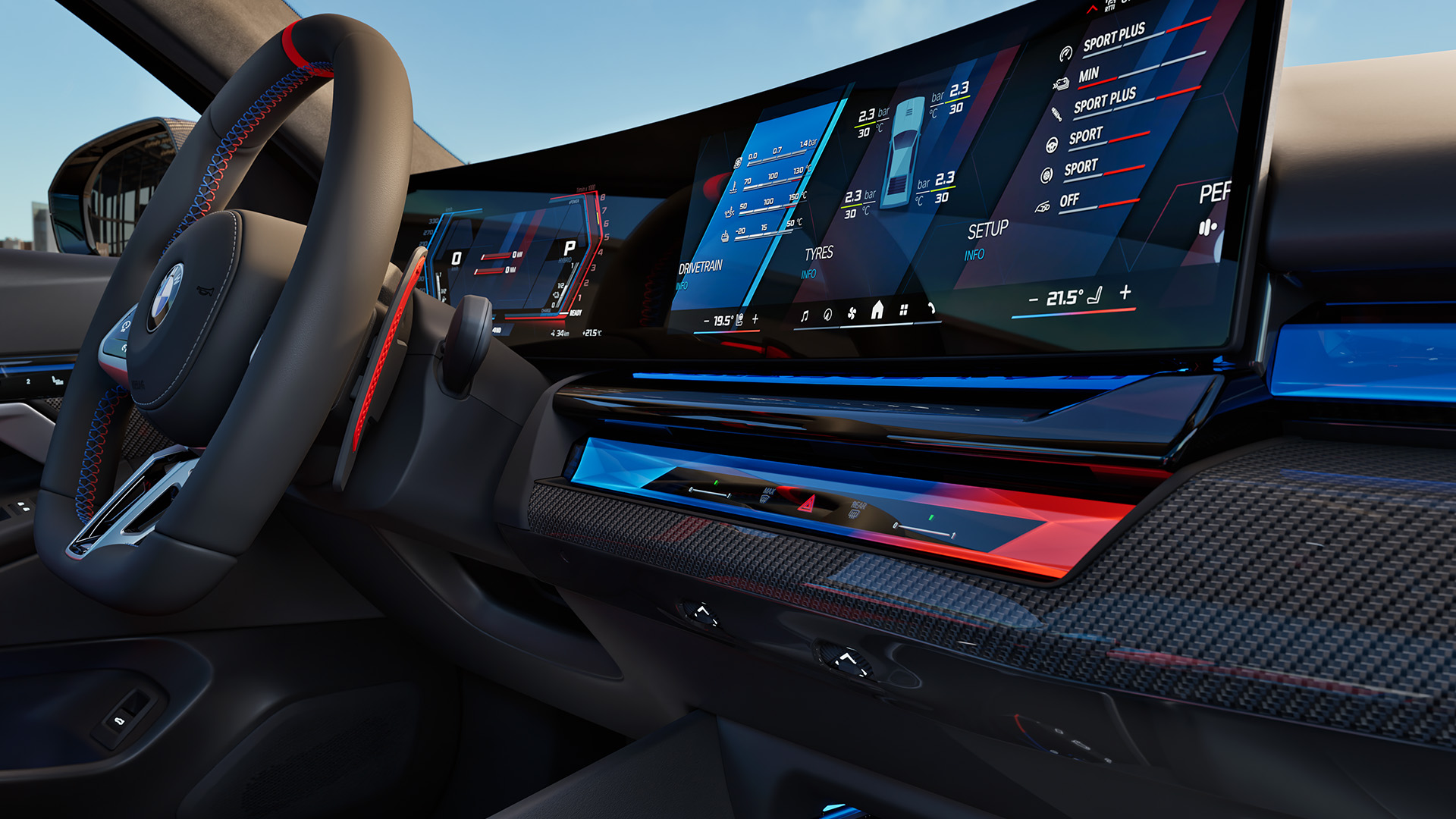Interior of a modern car showcasing a high-tech dashboard with digital display, including navigation, media controls, and vehicle information. The steering wheel and center console are also visible.
