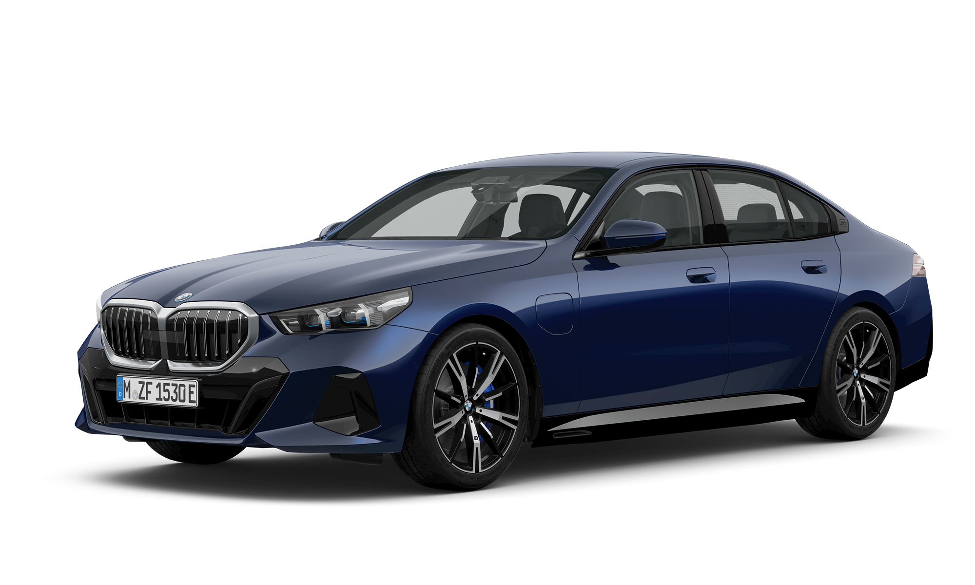Blue BMW 5 Series Saloon Plug-in hybrid, viewed from the front-left angle.