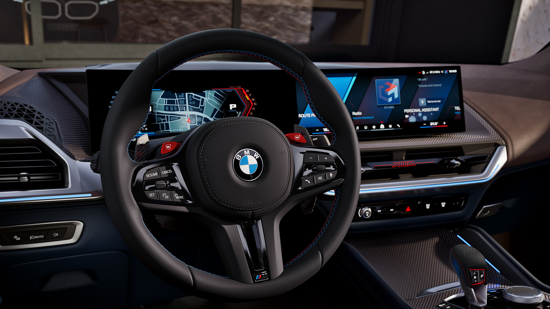 Interior view of a modern BMW car showcasing the steering wheel, dashboard with digital displays, and center console with gear shift.