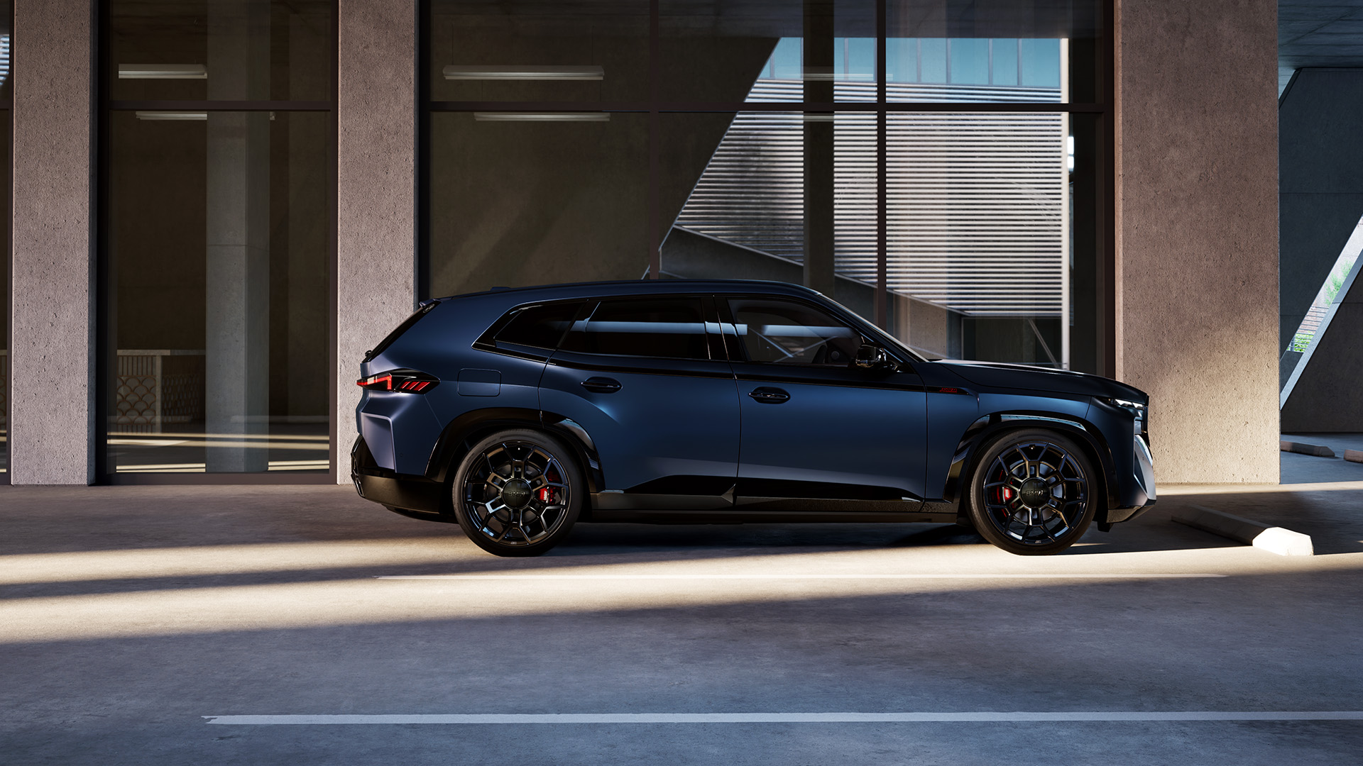 A sleek blue SUV parked in an urban setting with large glass windows and concrete pillars in the background.