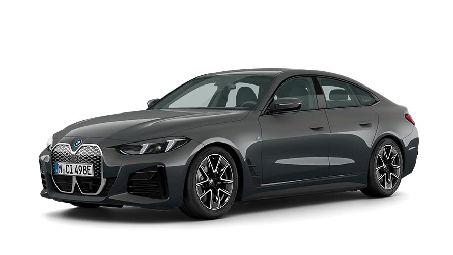 Grey BMW i4 electric car with a sleek design, viewed from the front-left angle.