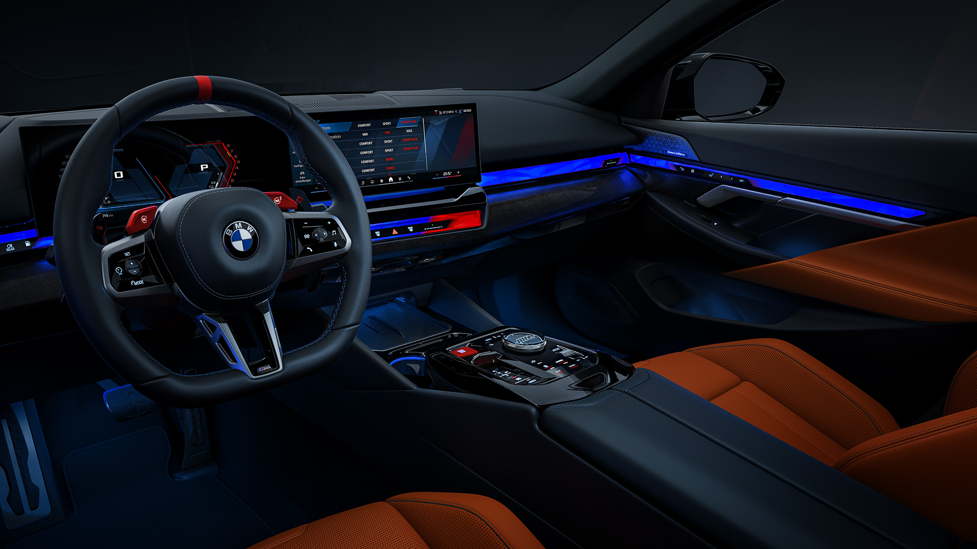 Interior of a modern BMW car featuring a sleek dashboard with digital displays, ambient blue lighting, and orange leather seats.