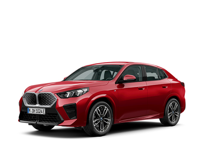 Red BMW iX2 with a sleek design, featuring black accents on the front grille, viewed from the front-left angle.