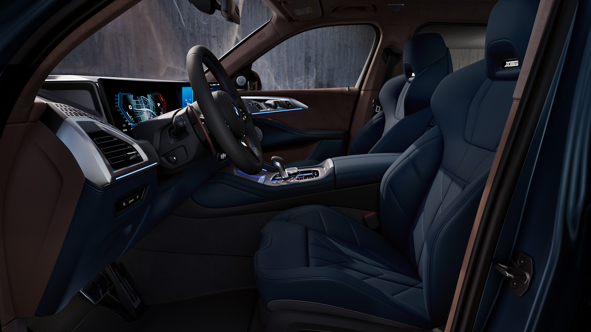 Interior view of a luxury car showing the driver&#x27;s seat, steering wheel, dashboard with digital displays, and front passenger seat.