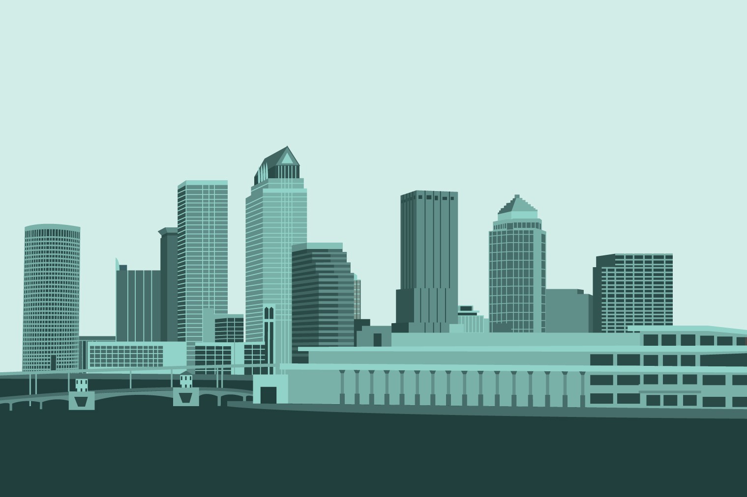 An illustrated skyline of downtown Tampa, Florida. Illustration by Ali De Sousa