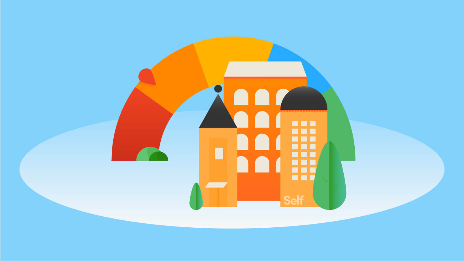 A colorful illustration of a credit score range arch with apartment buildings in the foreground.